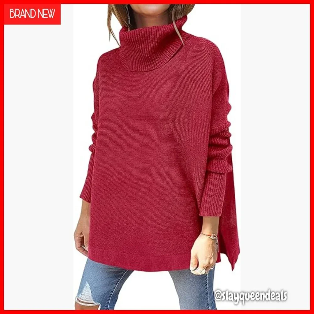 Oversized Turtleneck Batwing Sleeve Split Hem Knit Pullover Sweater Top